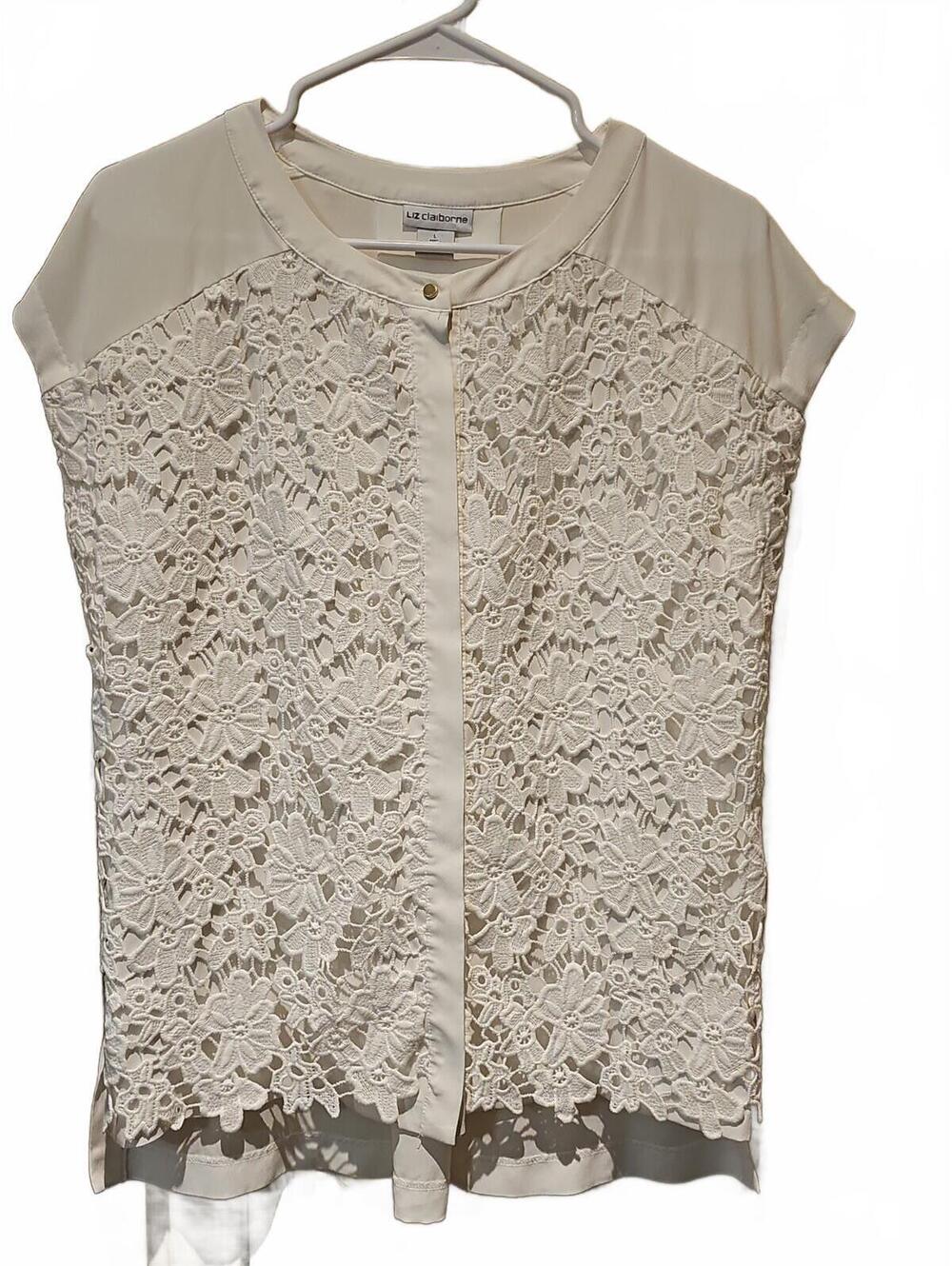 Liz Claiborne Sleeveless Top Womens Large White Button Up Lace Preppy Office